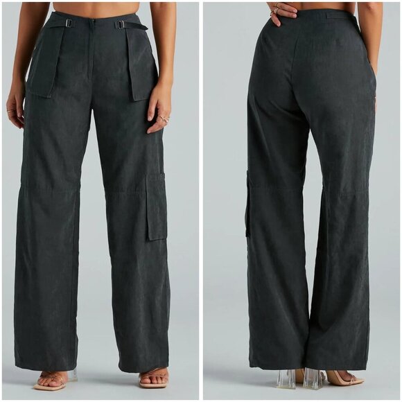 Windsor Charcoal Black Trendy Girl Wide-Leg Cargo Twill Pants NWT Size Small - Picture 1 of 10